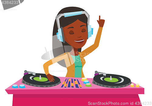 Image of DJ mixing music on turntables vector illustration.