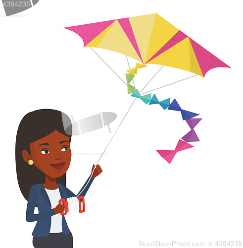Image of Young woman flying kite vector illustration.