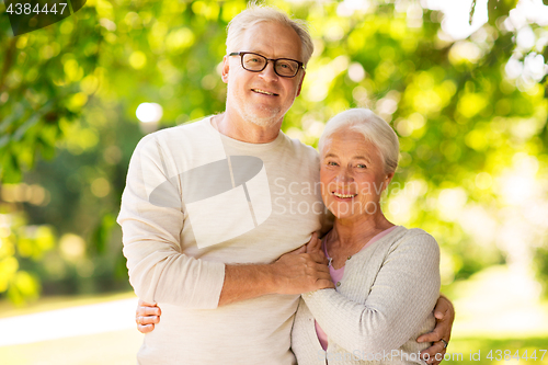 Image of happy senior couple hugging at summer park