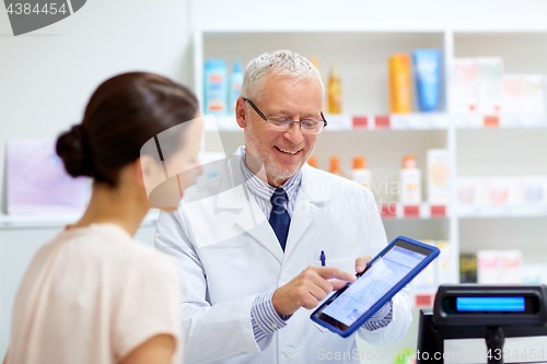 Image of apothecary and customer with tablet pc at pharmacy