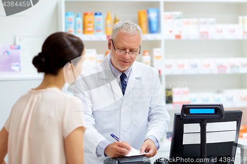 Image of senior apothecary with prescription at pharmacy