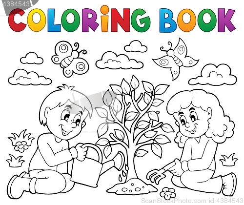 Image of Coloring book kids planting tree