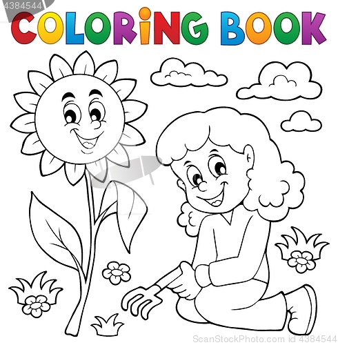 Image of Coloring book girl gardening theme 1