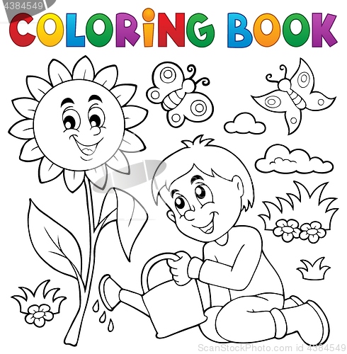 Image of Coloring book boy gardening theme 1