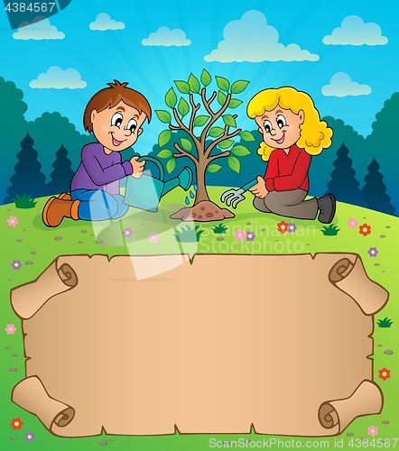 Image of Small parchment and kids planting tree