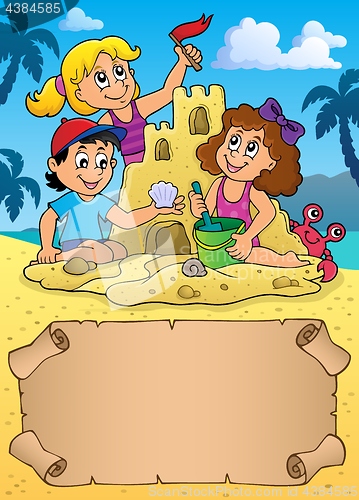Image of Small parchment and kids by sand castle