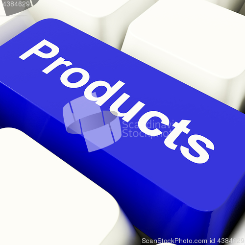 Image of Products Computer Key In Blue Showing Internet Shopping Goods