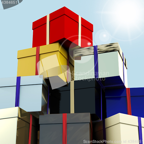 Image of Multicolored Giftboxes  With Sky Background As Presents For The 