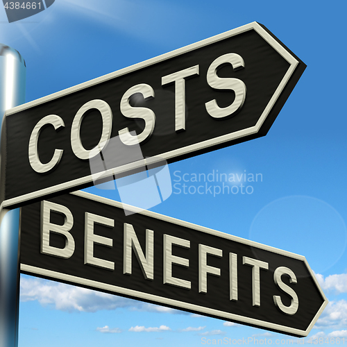 Image of Costs Benefits Choices On Signpost Showing Analysis And Value Of