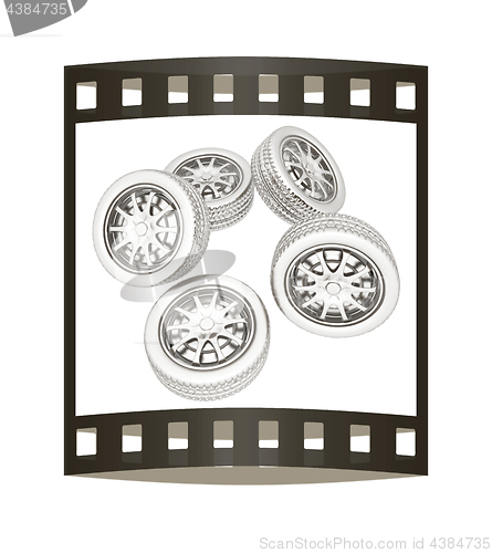 Image of Car wheels. Top view. 3d illustration. The film strip.