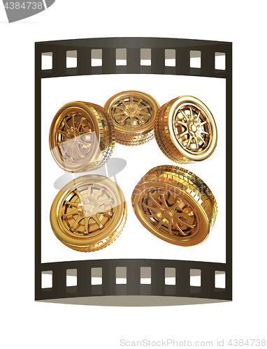Image of Golden wheels Set isolated on white. Top view. 3d illustration. 