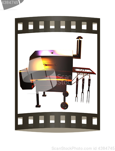 Image of Gold BBQ Grill. 3d illustration. The film strip.