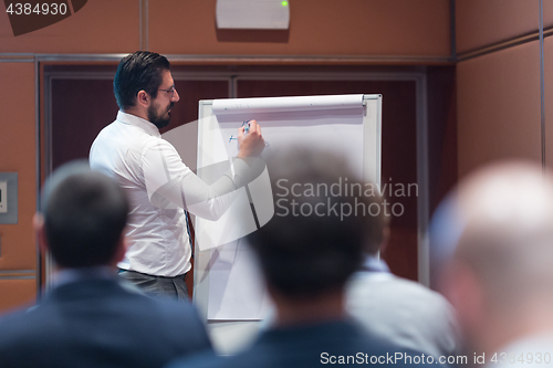 Image of Skiled Businessman Presenting a Project to His Work Team at Informal Company Meeting.