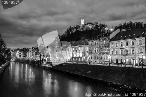 Image of Evening panorama of riverfront of Ljubljana, Slovenia.