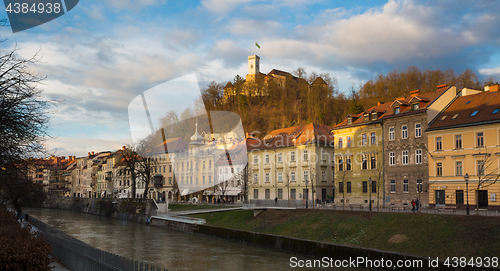 Image of Sunset panorama of riverfront of Ljubljana, Slovenia.