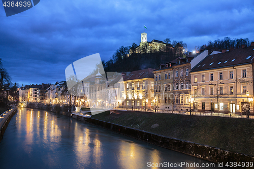 Image of Evening panorama of riverfront of Ljubljana, Slovenia.