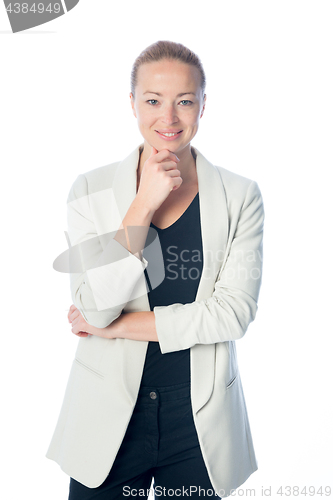 Image of Business woman standing against white background.