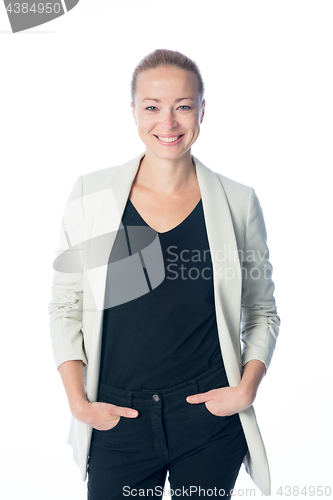 Image of Business woman standing against white background.