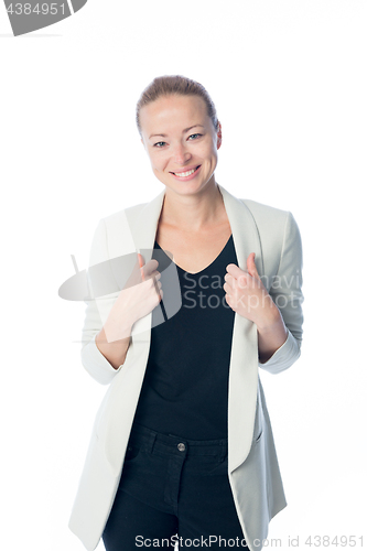 Image of Business woman standing against white background.