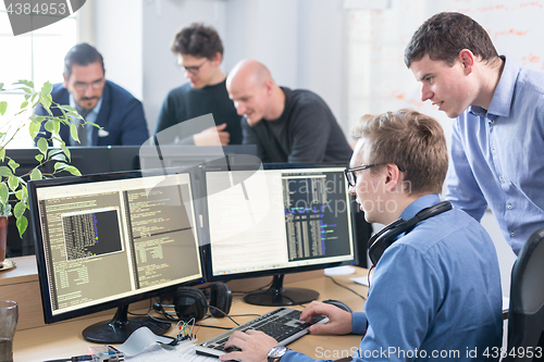 Image of Startup business problem solving. Software developers working on desktop computer.