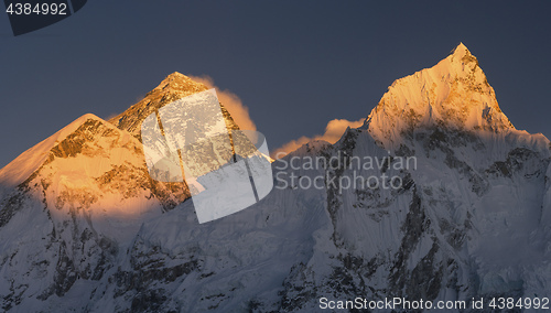 Image of Everest and Nuptse summits at sunset or sunrise