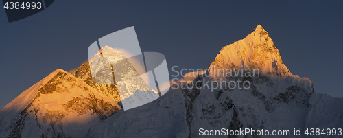 Image of Everest and Nuptse summits at sunset or sunrise