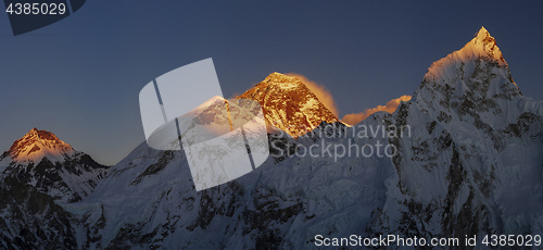 Image of Everest and Nuptse summits at sunset or sunrise