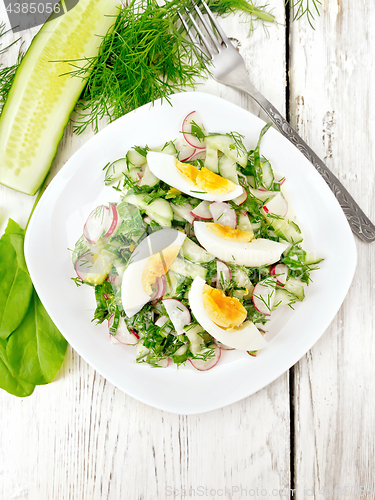 Image of Salad with radish and egg in plate on board top