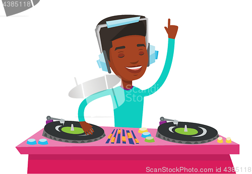 Image of DJ mixing music on turntables vector illustration.