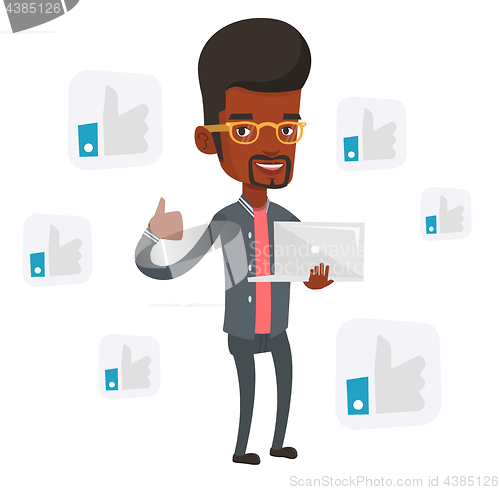 Image of Man with like social network buttons.