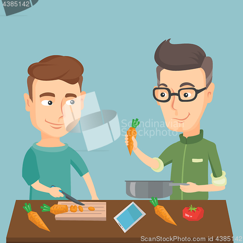 Image of Men cooking healthy vegetable meal.