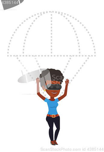Image of Happy woman in vr headset flying with parachute.