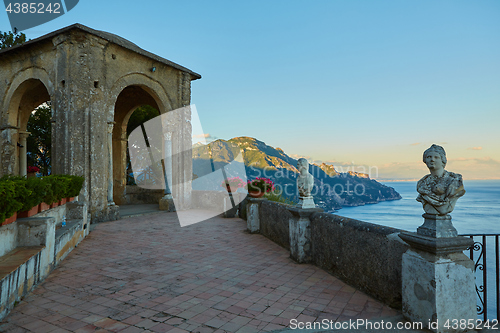 Image of Scenic picture-postcard view of famous Amalfi Coast with Gulf of Salerno from Villa Cimbrone gardens in Ravello, Naples, Italy