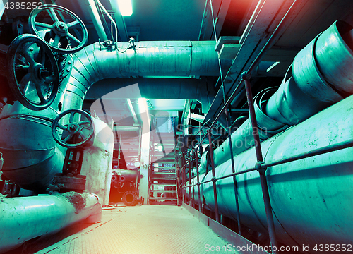 Image of Industrial zone, Steel pipelines and cables in blue tones