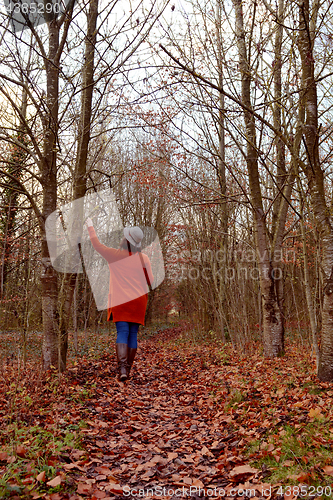 Image of Woman walking down woodland path alone, touching trees