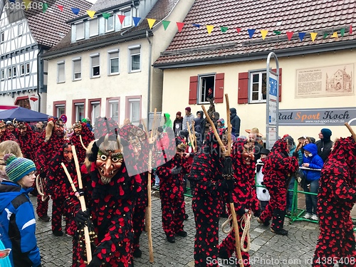 Image of Traditional carnival in South Germany - Swabian-Alemannic Fastnacht. Witches costumes during the carnival procession.