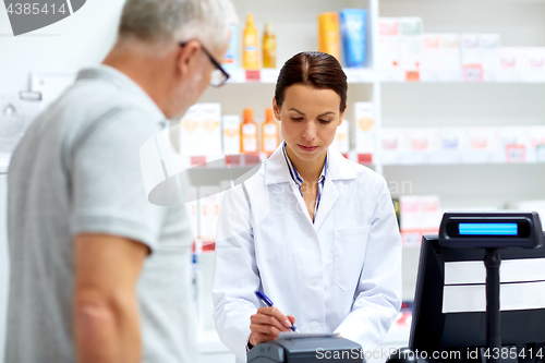 Image of apothecary and senior customer at pharmacy