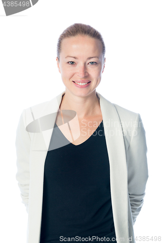 Image of Business woman standing against white background.