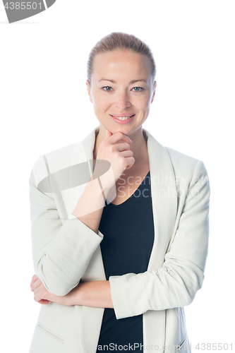 Image of Business woman standing against white background.