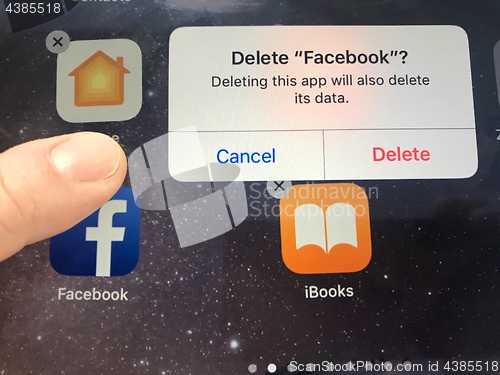 Image of Macro image of a finger about to delete the Facebook app from an iPad screen - might be due to data privacy issues, Facebook is currently facing