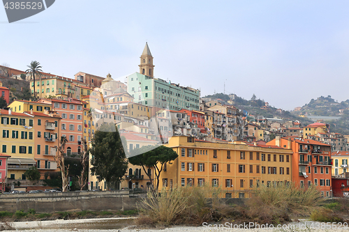 Image of Colorful houses in old town of Ventimiglia, Imperia, Liguria, It