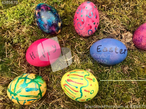 Image of Happy Easter - Colourful Easter eggs in green moss.