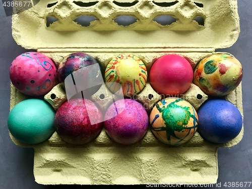 Image of Box with painted easter eggs.