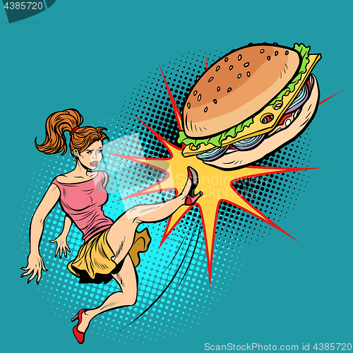 Image of Woman kicks Burger, fastfood and healthy food