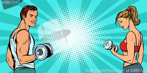 Image of fitness sports background, man and woman with dumbbells