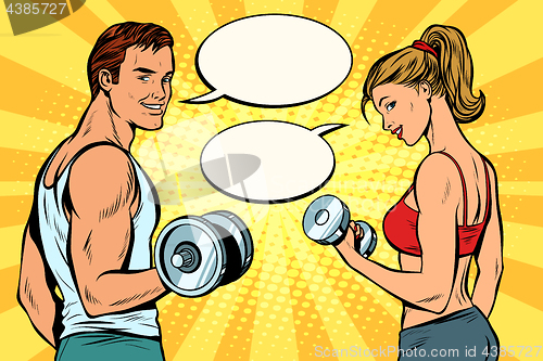 Image of man and woman with dumbbells, comic strip dialogue bubble