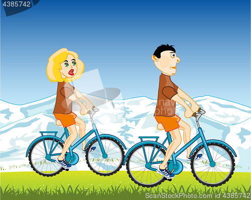 Image of Man and woman ride on bicycle
