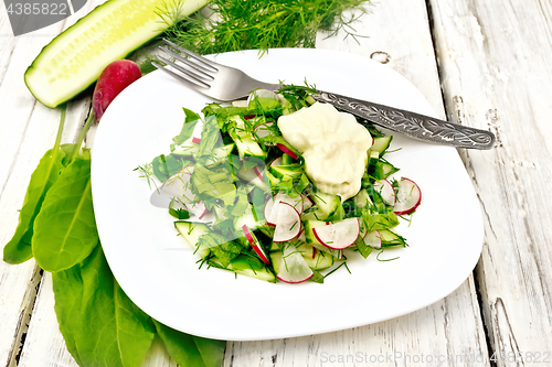 Image of Salad with radishes and sorrel in plate on board