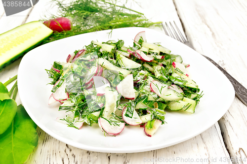 Image of Salad of radishes and sorrel with mayonnaise in plate on light b