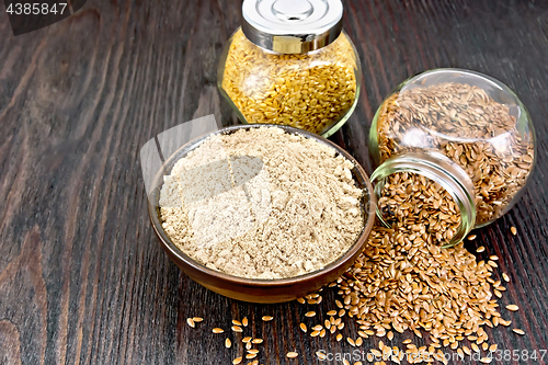 Image of Flour linen in bowl with seeds in glass jars on board